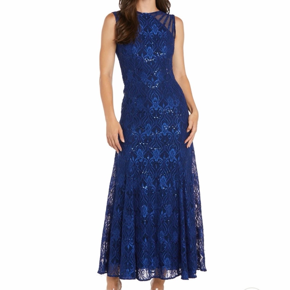 🆕✨ R&M Richards Royal Blue Lace Maxi Dress Sequin Formal Evening Gown Size 8